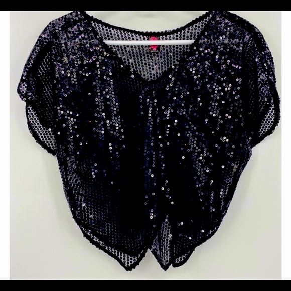 Vintage Free People Black Sequin Sheer Cap Sleeve Blouse - Picture 9 of 16